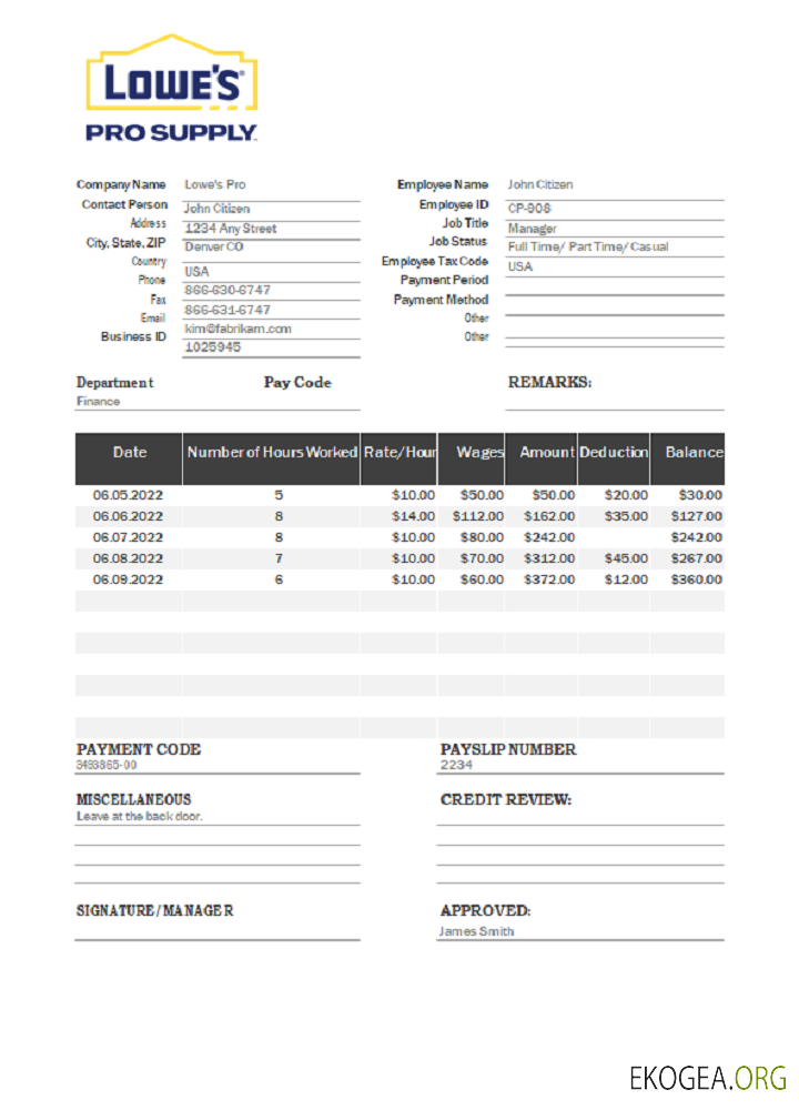 Bulletin de paie de l'entreprise de vente en gros USA Lowe's Pro Supply